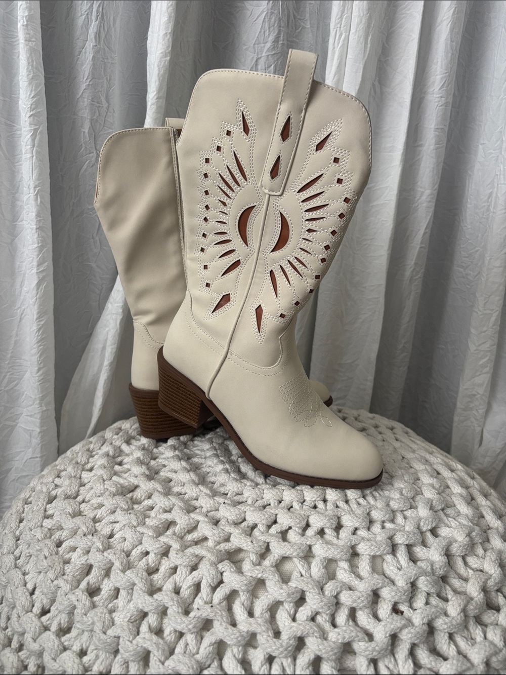 Cream Western Cutout Mid-Calf Boots